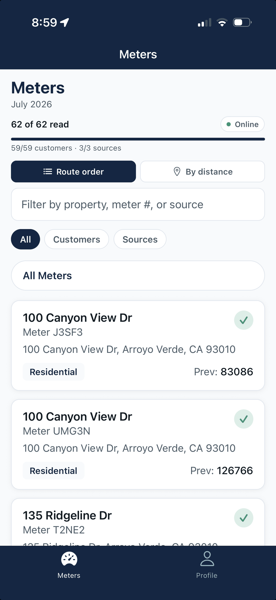 Spigot Field iOS meter-reading app showing a meter route with reads captured